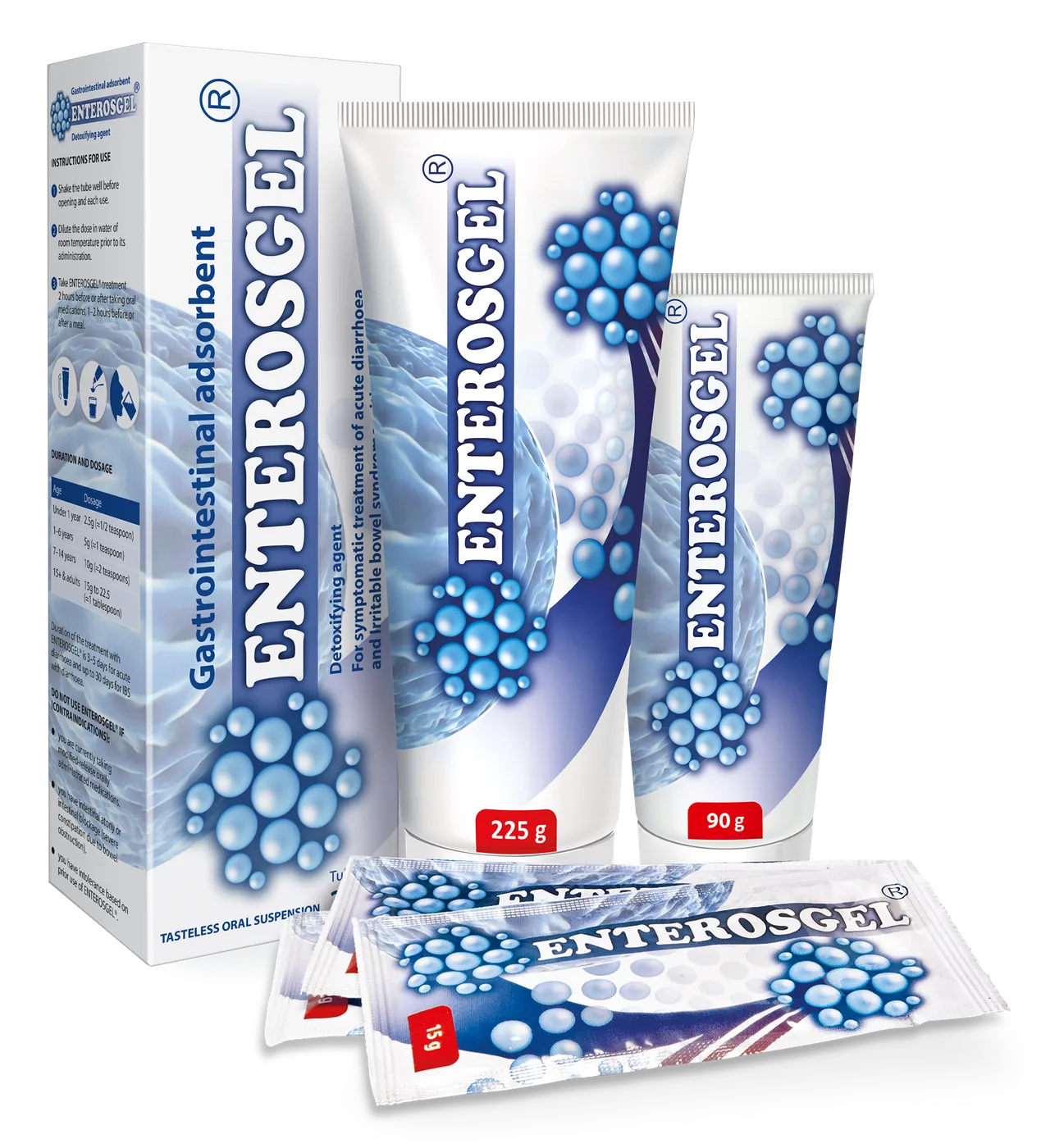 Enterosgel range, 225g and 90g tubes with sachets